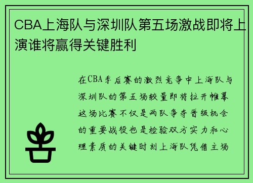 CBA上海队与深圳队第五场激战即将上演谁将赢得关键胜利