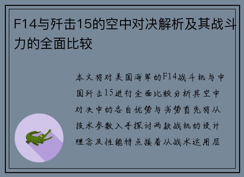 F14与歼击15的空中对决解析及其战斗力的全面比较